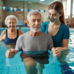 volunteer assisting older person in the swimming pool