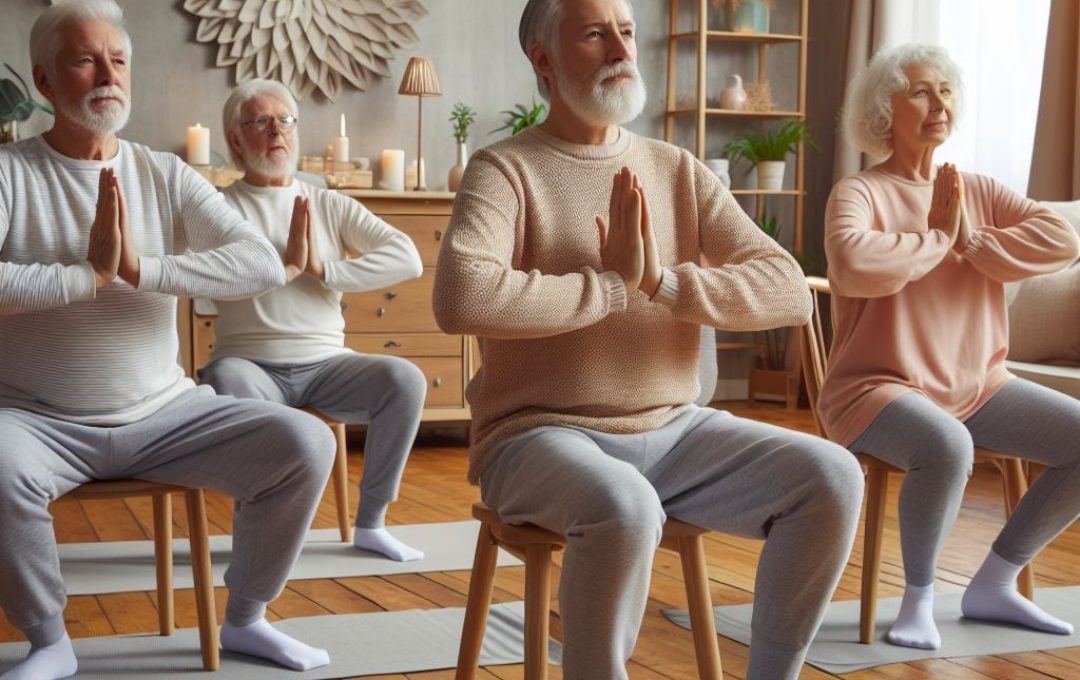 group of men and women sitting on chairs practising simple yoga