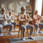 group of men and women sitting on chairs practising simple yoga