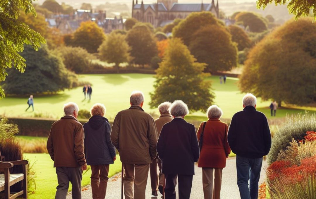 Group of people aged 55 to 90 walking in a park in Haddington