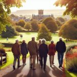 Group of people aged 55 to 90 walking in a park in Haddington