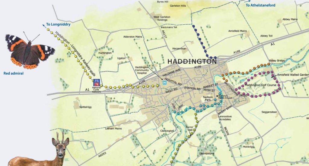 Map of walking paths in and nearby Haddington East Lothian