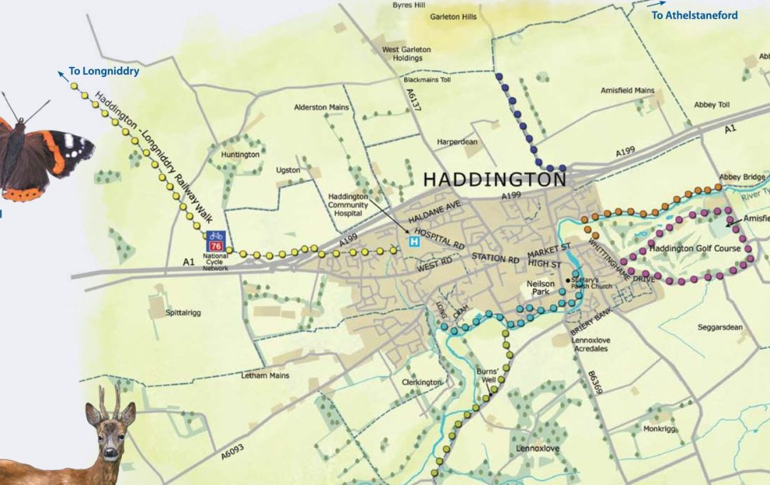 Map of walking paths in and nearby Haddington East Lothian