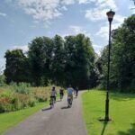 Family riding bikes through a park